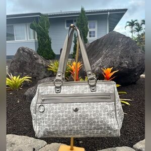 Coach Signature Stripe Satchel 2011 Shoulder Bag Gray Leather Trim F17179